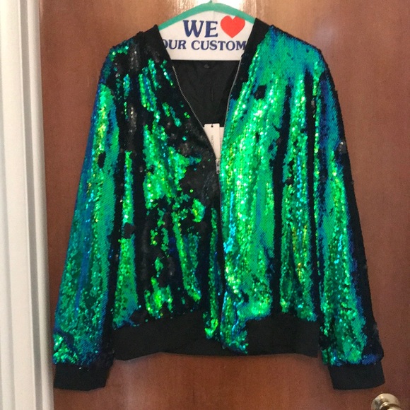Haoduoy Jackets & Blazers - NWT sequin blue/green bomber jacket